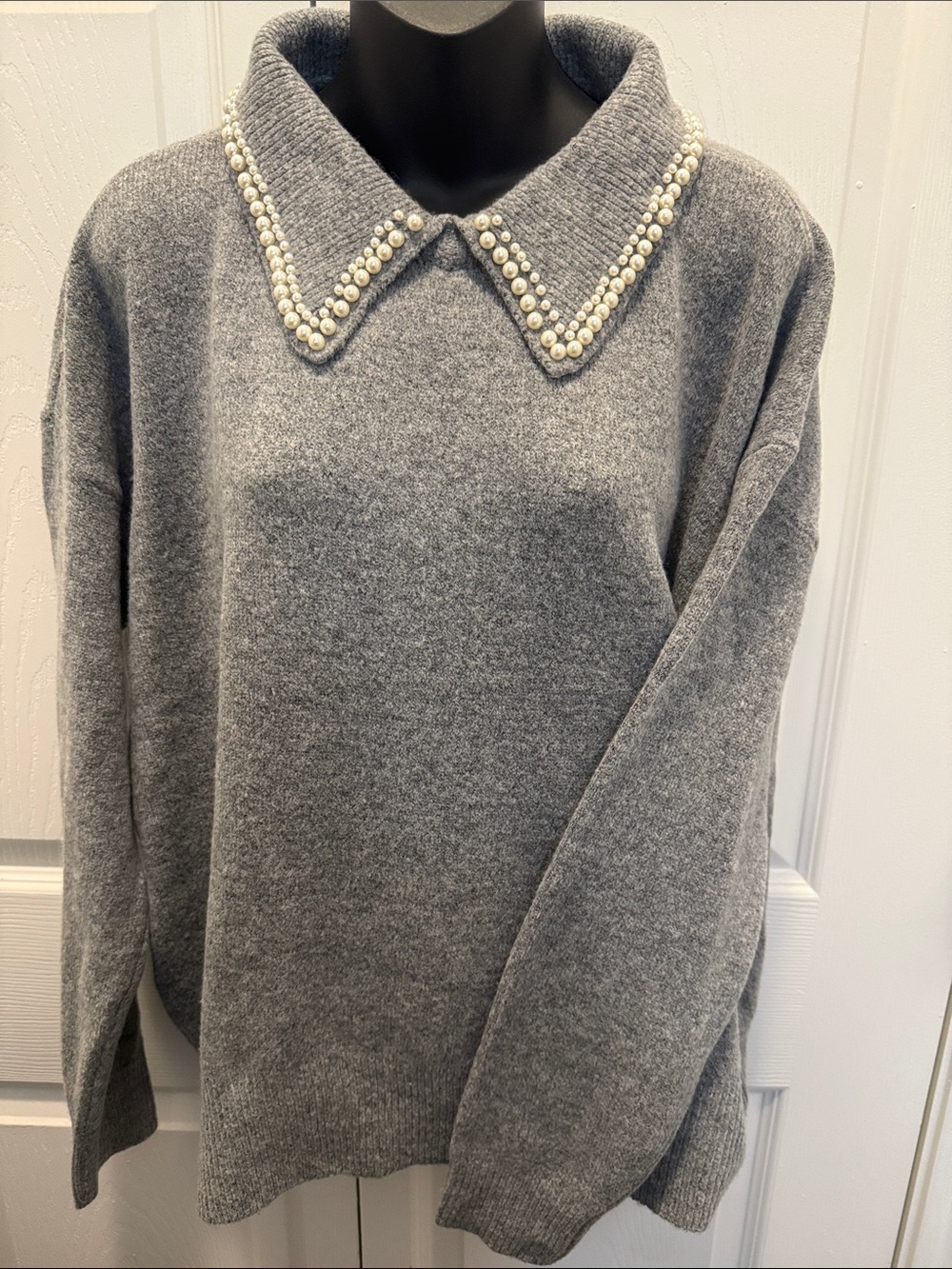 Cato Gray Pearl-Trim Collar Pullover Sweater